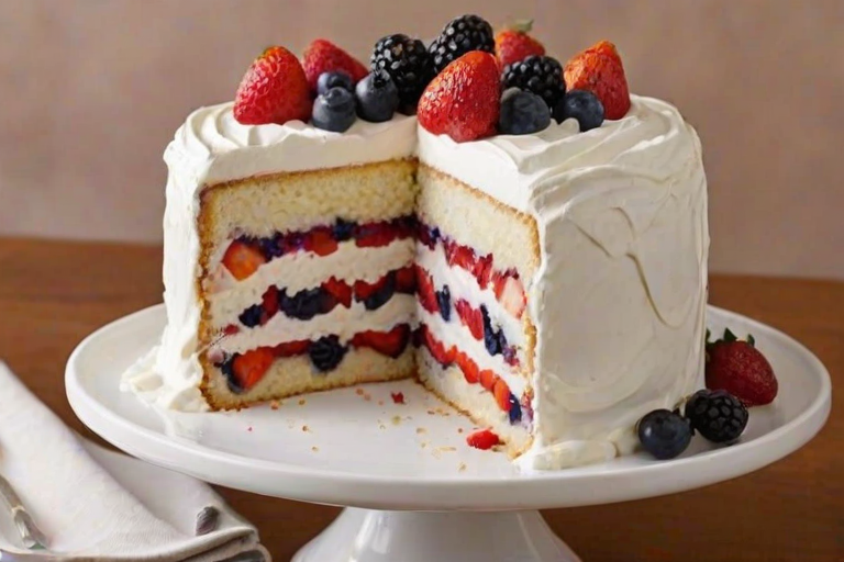 Create an image of a layered cake with fluffy white frosting. The cake should have visible layers of cream and mixed berries, including strawberries, blueberries, and blackberries. The top should be decorated with swirls of whipped cream and fresh fruit. The background should be simple and elegant, highlighting the cake as the main focus.