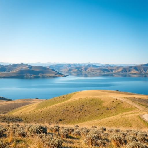 Create an image of a serene landscape with rolling hills, a clear blue sky, and a reflective lake, captured with a Canon EOS R5, 24mm lens, f/8, ISO 100, using a tripod for stability and a shallow depth of field for enhanced detail.