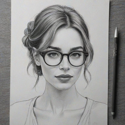 Stunning Arielle Vandenberg, pencil sketch, portrait of Radiant woman 1922s in glasses, hair style beatnik, outline, clear lines, fine lines, 8k