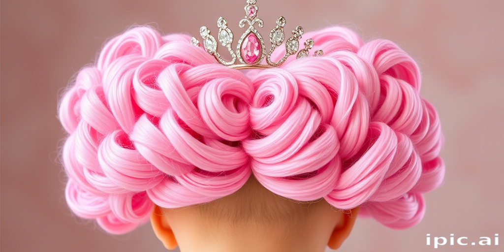 Voluminous cotton candy pink curls shaped into a heart-shaped silhouette, topped with a sparkling tiara for a whimsical princess look called Sugar Plum Fantasy