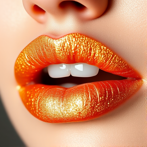 Shimmering gold lip gloss named "Solar Flare" with micro-fine glitter particles, creating a dazzling, multi-dimensional effect on the lips