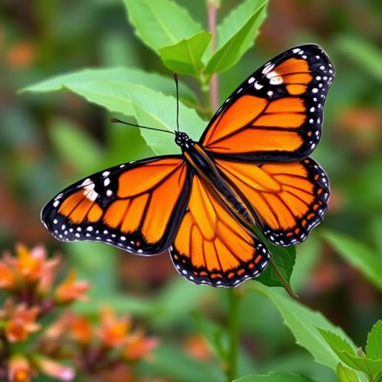 Create an image of a vibrant monarch butterfly perched on a green leaf, showcasing its distinctive orange and black wings against a blurred natural background. The butterfly should be detailed, with clear patterns visible on its wings, and the surrounding foliage should be lush and colorful.