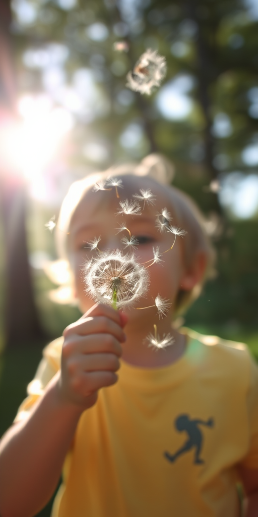 Blurry candid shot of a child blowing dandelion seeds into the air, sunlight filtering through trees, creating a magical atmosphere with floating seeds softly illuminated.