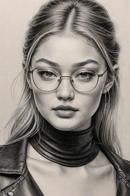 Gorgeous Gigi Hadid, pencil sketch, portrait of Lovely woman 1975s in glasses, hair style beatnik, outline, clear lines, fine lines, 8k