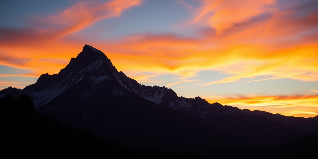 Create a high-contrast silhouette of a majestic mountain landscape during sunset, capturing rich colors in the sky, with a camera type of DSLR, lens focal length of 35mm, aperture set to f/8, shutter speed at 1/250s, and ISO 100, viewed from a wide-angle perspective.