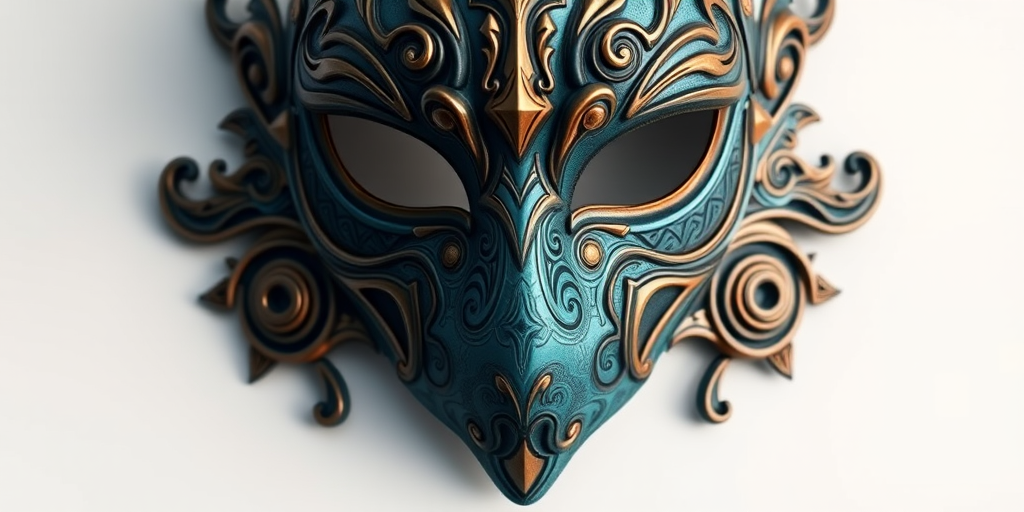 Create a highly detailed 3D render of a mystical mask with intricate patterns and a rich teal color, using a Canon EOS R5 with a 50mm f/1.2 lens at ISO 100, aperture f/8, and a soft studio light setup to enhance shadows and highlights.