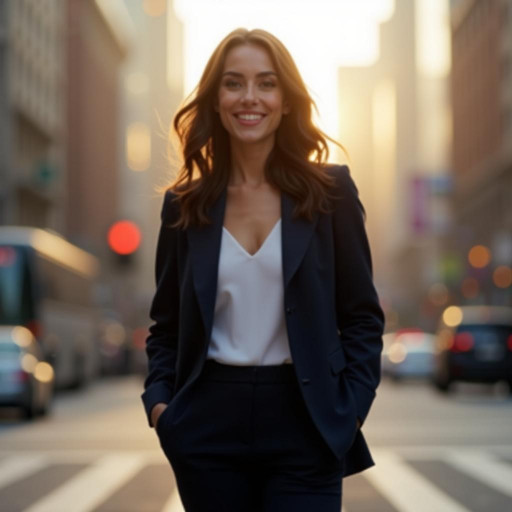 A 30-year-old woman stands confidently on a bustling city street, smiling warmly. She wears a tailored navy blazer, crisp white blouse, and fitted black trousers, her glossy chestnut hair cascading in loose waves. Golden-hour sunlight bathes the scene, highlighting her radiant skin and subtle makeup. Full-body view, 8k resolution, ultra-realistic textures, shallow depth of field with blurred traffic and skyscrapers behind her.