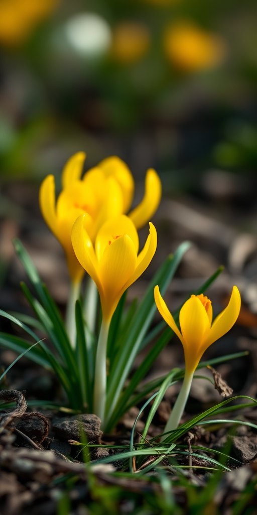 Regenerate a vibrant close-up image of yellow crocuses in a natural setting with a shallow depth of field, using a DSLR camera set to f/2.8, ISO 100, shutter speed 1/200s, with a macro lens, focusing on the flowers while softly blurring the background.