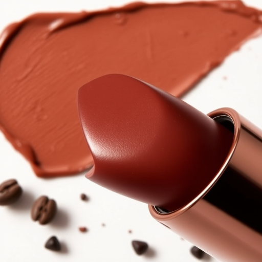 Velvety chocolate brown lipstick with a satin finish, called "Mocha Luxe," featuring a rich, creamy formula and subtle coffee aroma, complementing warm-toned makeup palettes