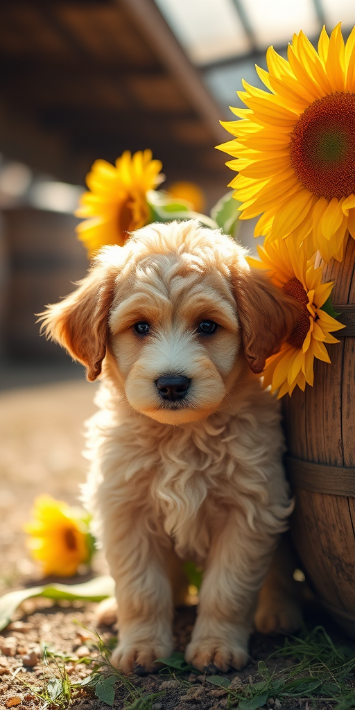 Create a soft-focus portrait of a fluffy, curly-haired puppy standing beside a barrel of sunflowers, with warm, natural lighting, aperture set to f/1.8 for a shallow depth of field, ISO 200 for low grain, using a DSLR camera with a 50mm lens.