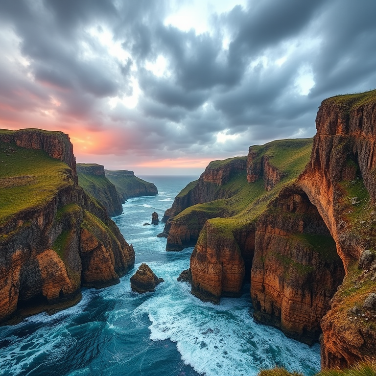 capture a dramatic coastal landscape with towering cliffs and a turbulent sky, focus on capturing vibrant colors and textures, use a Canon EOS 5D Mark IV, aperture f/11, shutter speed 1/125 sec, ISO 200, wide-angle lens at 16mm, taken from a slightly elevated viewpoint to showcase the coastline and ocean waves.