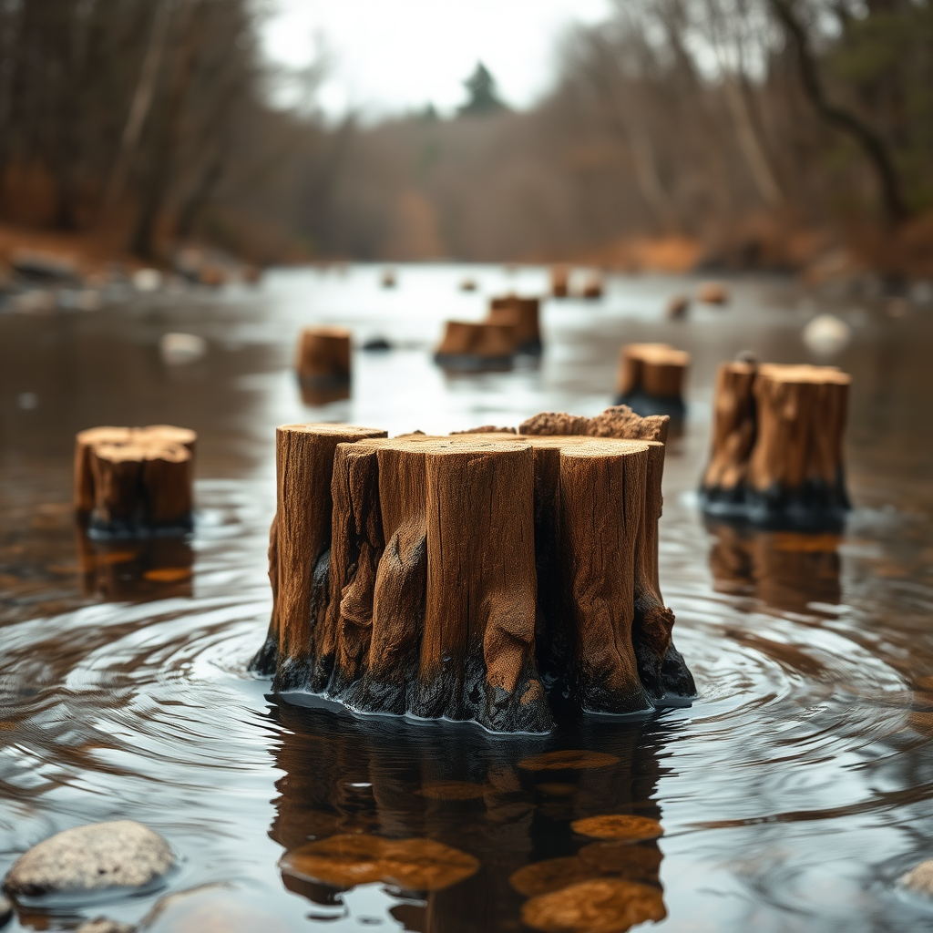 capture a serene river scene with a focus on weathered wooden stumps emerging from calm waters surrounded by trees in the background, use a Canon EOS R5, 50mm lens, aperture f/2.8, shutter speed 1/200s, ISO 100, soft natural lighting, and a slight vignette to enhance depth.