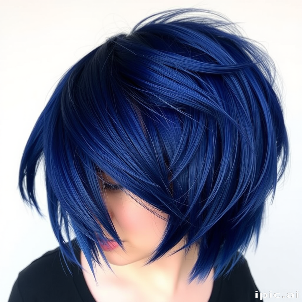 Regal indigo blue hair in a "Starry Night" inspired style features an asymmetrical cut with razor-sharp edges and metallic accents
