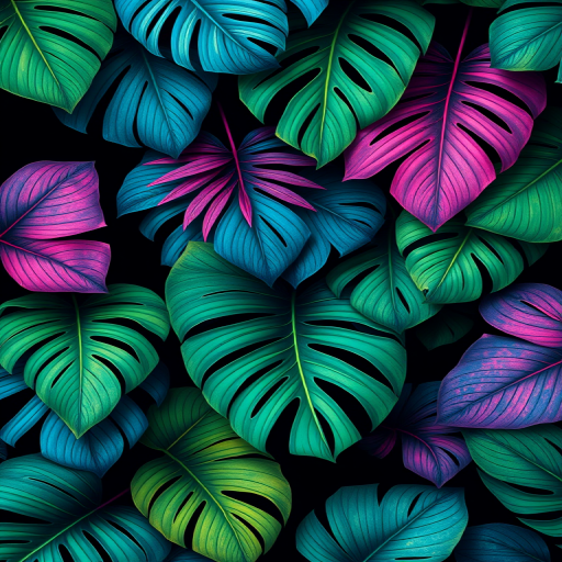 Create a vibrant tropical foliage pattern with large leaves in shades of blue, green, and pink against a dark background, using a Canon EOS R5 with a 50mm f/1.8 lens, aperture set to f/4, ISO 100, and a slight vignette effect to enhance depth and texture.