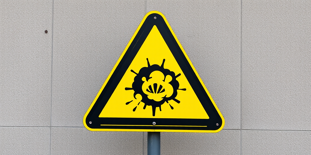 Create a high-resolution image of a yellow triangular warning sign with black explosion graphics, shot from a front view using a DSLR camera at f/8 aperture, ISO 100, and a 50mm lens for sharp detail and vivid colors.