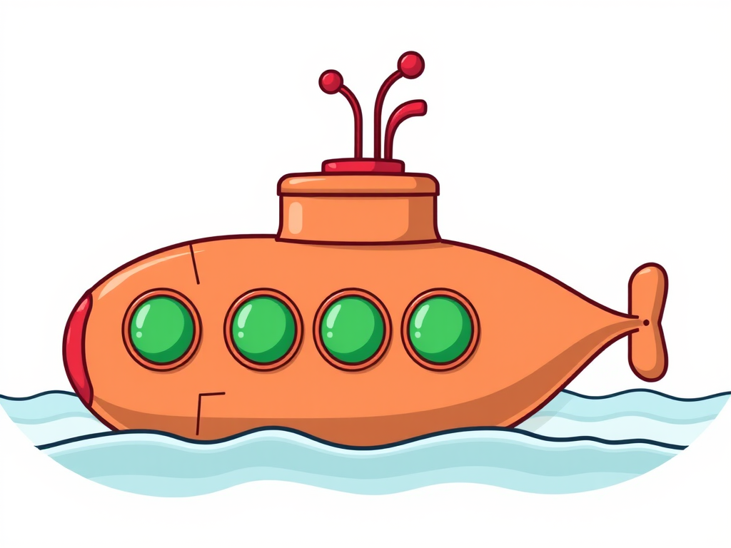 Create a high-resolution vector illustration of a cartoon submarine with a red periscope, three green windows, and a brown body, using a DSLR camera set to f/8, ISO 100, with a 50mm lens at eye level for a clean, crisp look.