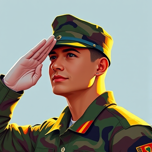 Create a digital illustration of a soldier in camouflage uniform performing a salute, use a 50mm lens, aperture f/2.8, ISO 100, in a portrait composition with a focus on vibrant colors and sharp details, digital art style.