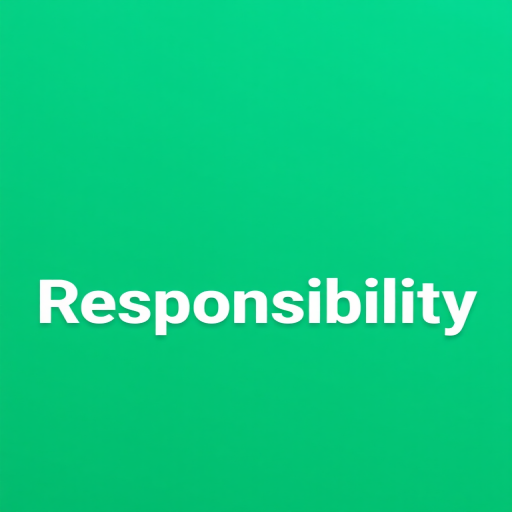 Create a clean and modern design featuring the word "Responsibility" prominently displayed in bold, white font on a smooth gradient green background, using a Canon EOS R5 with a 50mm lens, aperture f/1.8, ISO 100, in a high-resolution, shot from a slight angle to create depth.