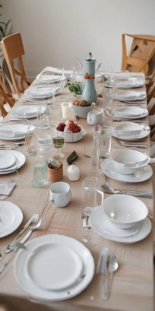 cutlery, plates and cups dancing on a big table cartoon