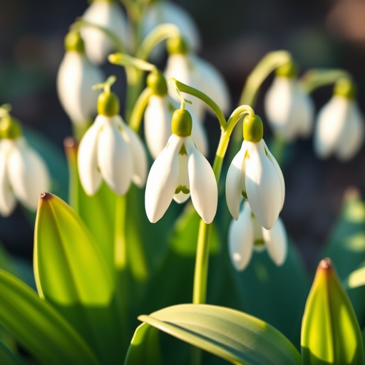 Create a detailed illustration of snowdrop flowers with vibrant green leaves, using a macro lens at f/2.8 aperture, 50mm focal length, and natural lighting to enhance color and detail in a 4K resolution digital format.
