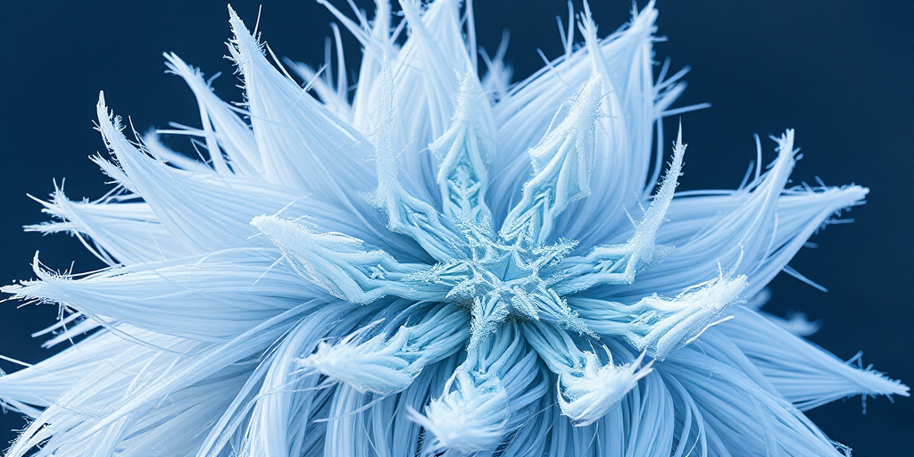 Arctic frost white hair with icy blue undertones, sculpted into sharp spikes and intricate snowflake patterns, embodying the beauty of winter's chill