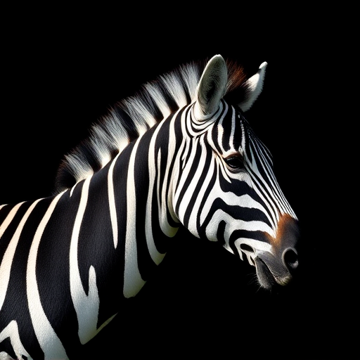 Create a high-resolution image of a zebra stripe pattern on a black background, using a DSLR camera with a 50mm lens, aperture set to f/2.8, ISO 100, and a shallow depth of field for a soft background blur, shot in natural light from a side angle for depth and contrast.