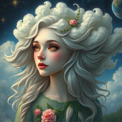Create a series of imaginative portraits where each subject is infused with elements of fantasy and nature. The hair of the individuals should flow like clouds, varying from soft, fluffy cumulus to wispy cirrus strands, with hints of color reflecting a sunset or a clear blue sky. The eyes should be windows to entire galaxies, with stars, nebulae, and distant planets visible within them. Clothing should be adorned with nature motifs, such as floral patterns that bloom and change, vines that seem to grow and wrap around, or feathers that shimmer with iridescence. Each portrait should capture a unique personality, blending human features with the ethereal beauty of the natural and cosmic world. The backgrounds can vary, from starry night skies to enchanted forests, adding depth and context to the magical realism of the portraits