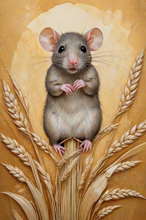 Soft, muted Alcohol Ink with ebru effect background image of tiny whimsical rat, who climbed high on the top of a golden rye ear.