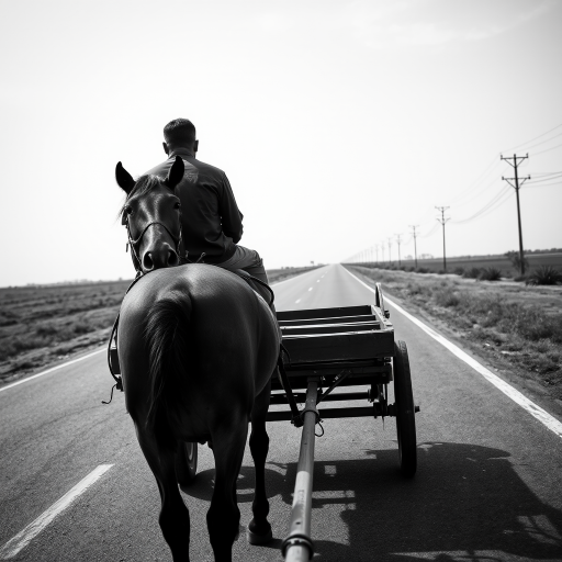A black and white photograph of a man sitting on a wooden cart drawn by a horse, viewed from a low angle, capturing the long road and distant telephone poles in the background, with a shallow depth of field, using a DSLR camera, aperture f/4, ISO 100, shutter speed 1/200 sec.