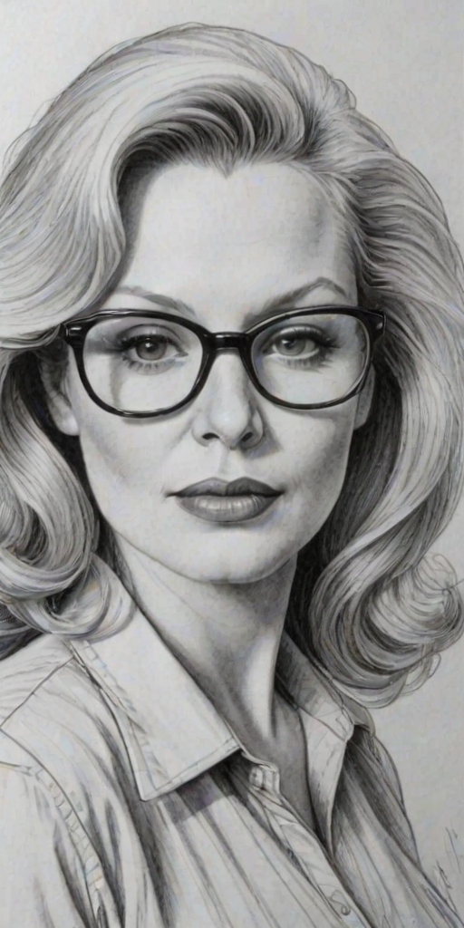 Beauteous Cathy Moriarty, pencil sketch, portrait of Lovely woman 1976s in glasses, hair style beatnik, outline, clear lines, fine lines, 8k