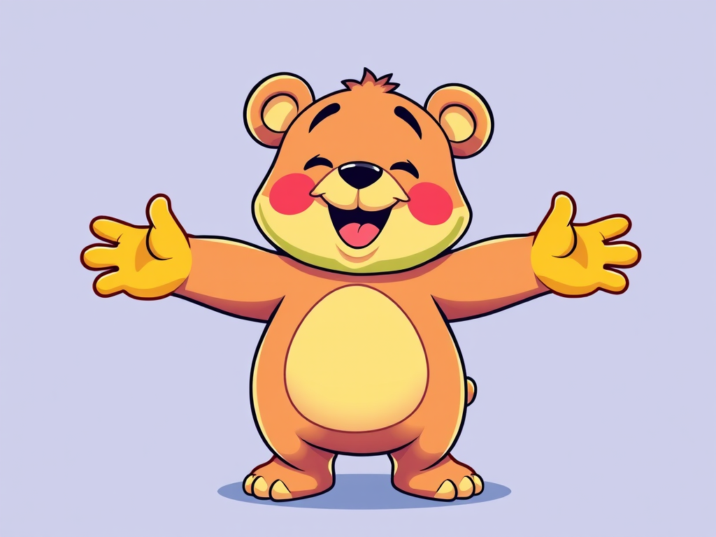 Create a colorful cartoon bear character with a joyful expression, standing with arms outstretched in a playful pose, using a vibrant color palette, captured with a DSLR camera at f/8 aperture, ISO 200, and a 50mm lens for sharp detail and a shallow depth of field.