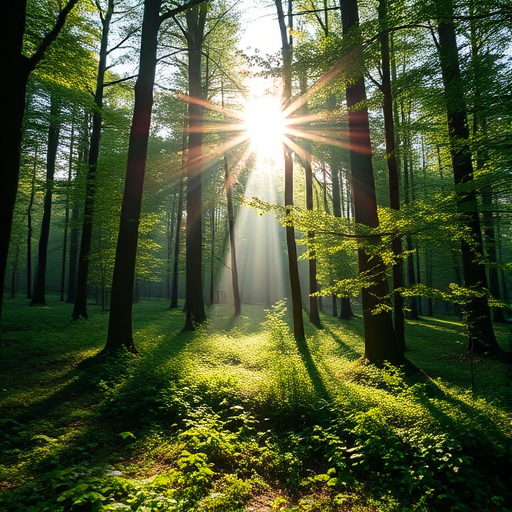 Create an image of a peaceful forest scene during early morning with soft sunlight filtering through the trees, using a Canon EOS R5, 50mm lens, f/1.8 aperture, ISO 200, natural lighting, shallow depth of field, vibrant colors, focusing on the lush greenery and dappled light.