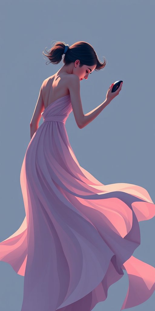 Create a digital illustration of a graceful figure in a flowing dress reaching towards a computer mouse with an expressive pose, using soft pastel colors, high-resolution, shot with a Canon EOS R5, f/2.8 aperture, 50mm lens, in a side view, with chiaroscuro lighting to enhance depth and detail.