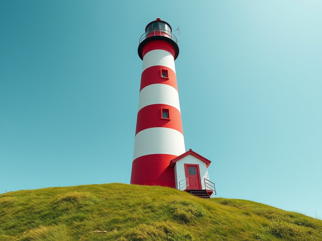 Create a high-resolution image of a red and white striped lighthouse on a green hill, captured at a low angle with a wide-angle lens, using a DSLR camera set to f/8 aperture, ISO 100, and a shutter speed of 1/200 seconds for enhanced detail and clarity.
