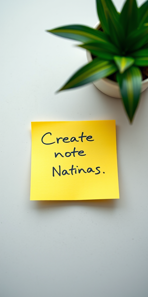 Create a vibrant, sticky note on a flat surface, sharp focus, 35mm lens, f/2.8 aperture, ISO 100, natural light, top-down view, DSLR camera.