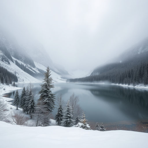 Capture a serene winter landscape of a misty lake surrounded by snow-covered mountains and evergreen trees, with a slight snowfall, using a DSLR camera at f/8, 1/125 sec, ISO 200, with a wide-angle lens to enhance depth and detail, in soft natural light.