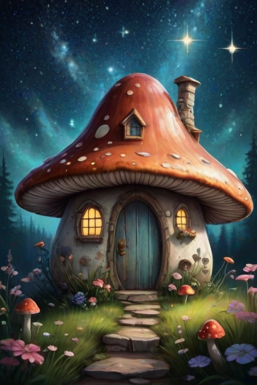 imagine illustration of a mushroom house with a door and a window, a storybook , fantasy art, mushroom house, bg starry sky, sparkles
