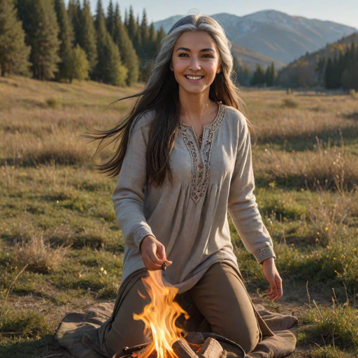 ultrarealistic, Delightful Tajik woman, pirouette on her head, gray hair, long straight hair, she is wearing Spring clothes, the sun gently illuminates her hair. Ultrarealistic skin, stands in the meadow, 1 girl, age - about 33 years old, swarthy complexion, ultrarealistic skin, smiles gently, stands near the campfire. She looks sexy