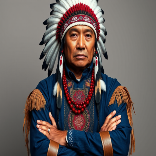 Create a dignified portrait of a Native American man dressed in traditional attire. He wears a beautifully crafted headdress adorned with white feathers and red beads, along with a beaded headband featuring intricate patterns. His clothing includes a deep blue, patterned shirt and a traditional chest piece with detailed beadwork. His arms are crossed, displaying leather armbands decorated with feathers. The background is simple and neutral, emphasizing his proud and stoic expression. The overall image captures the rich cultural heritage and strength of his persona.