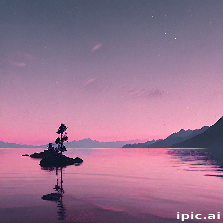 Serene Twilight Over Calm Waters with Silhouetted Trees and Mountains