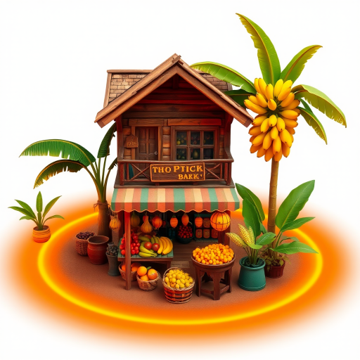 A vibrant tropical fruit market with a small, two-story building. A large banana tree stands nearby, with the fruit displayed on the balcony. The ground is surrounded by a glowing orange and yellow ring