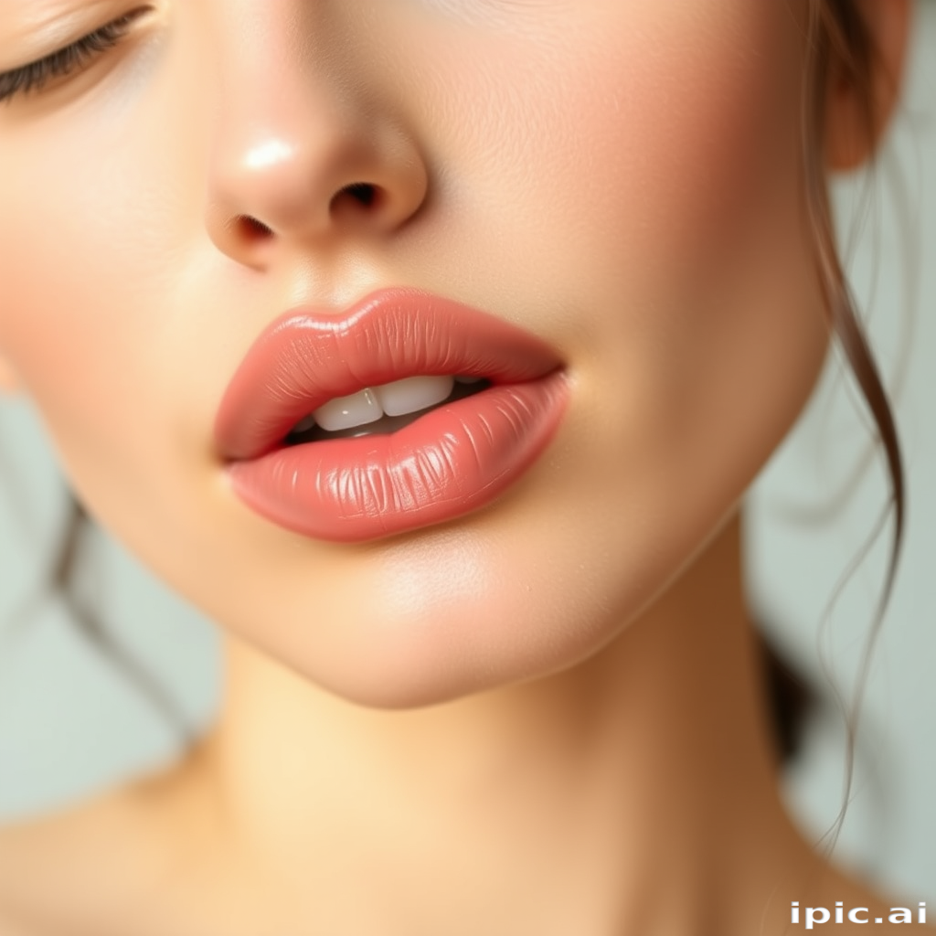 Subtle nude woman lips with soft satin texture, complementing a fresh-faced look, ideal for everyday elegance