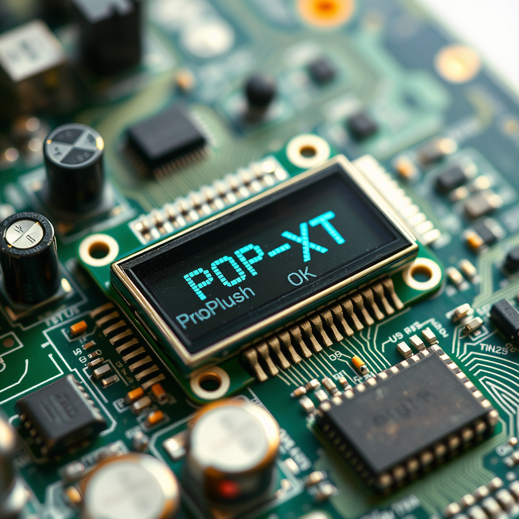 Create a high-resolution image of a close-up of an electronic circuit board with a focus on a prominent LCD display that shows the text "POP-XT+" and "Rush OK", using a DSLR camera with a 50mm lens, aperture set to f/2.8, ISO 100, at a 45-degree angle for a dynamic view, and utilize natural lighting for enhanced clarity and detail.