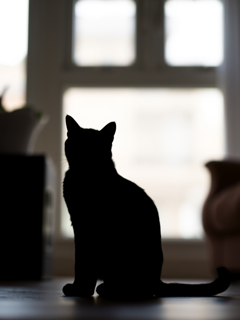 Generate an image of a stylized black silhouette of a cat sitting gracefully, captured with a Canon EOS R5 at f/2.8, ISO 100, 50mm lens, natural soft lighting from a window, with a shallow depth of field for a blurred background.