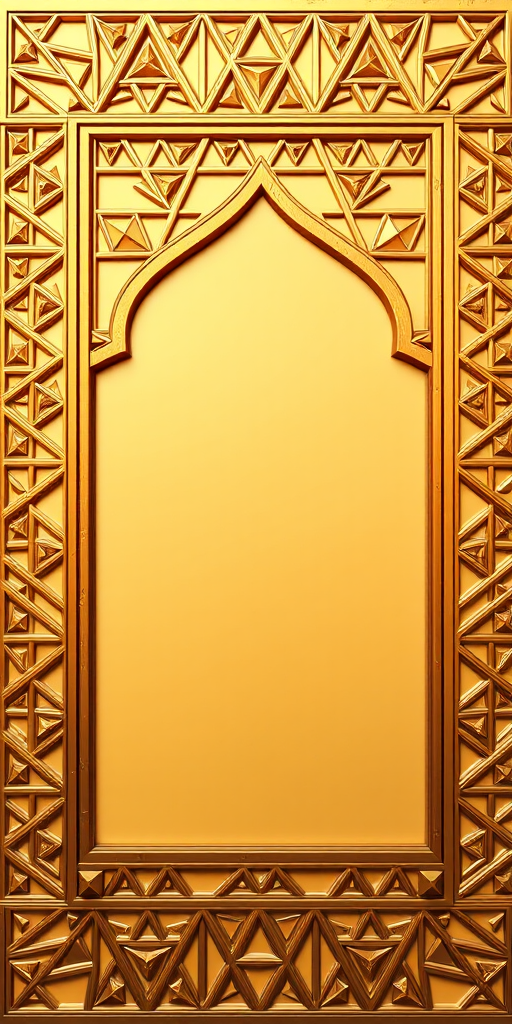 create an ornate frame with triangular patterns in a golden hue, high resolution, shot with a Canon EOS R5, 50mm lens, f/1.8 aperture, 1/160 sec shutter speed, soft lighting.