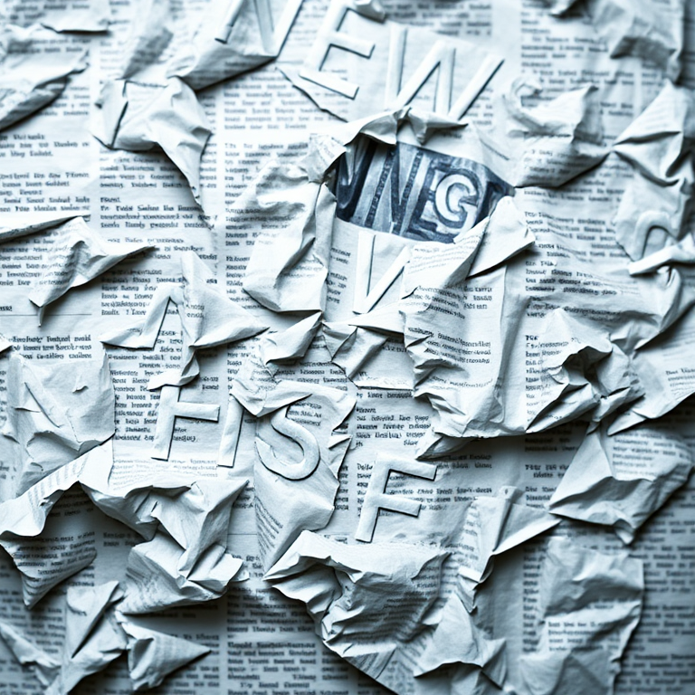 Create an abstract background featuring the word "NEWS" repeated in different opacity levels overlaid on crumpled newspaper texture, shot with a DSLR camera at f/2.8 aperture, ISO 100, 50mm lens, natural light, and slight vignette effect to enhance depth.