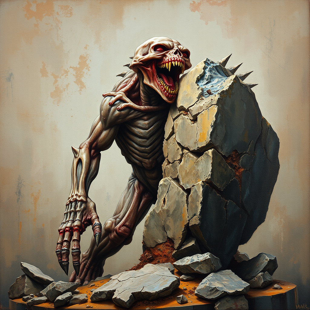 A detailed and anatomically presented mr stone-eater stands and bites into a huge boulder. surreal abstract art, grunge oil colors on canvas, textured background