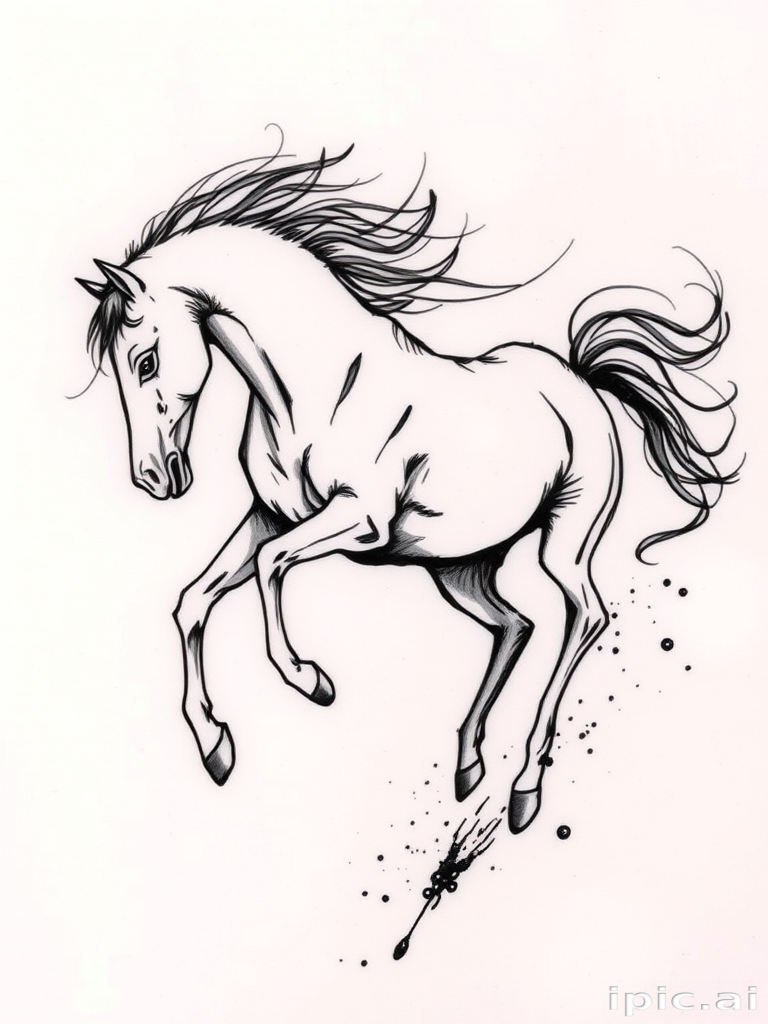 Sketch-style tattoo "Ephemeral Essence" capturing the raw energy of a wild horse in motion using loose, expressive black ink strokes and subtle shading to create a sense of movement