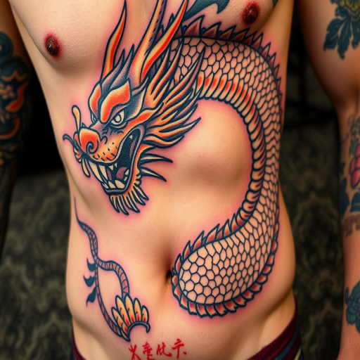 Powerful body tattoo portraying a fierce dragon winding around the torso, executed in a traditional Japanese style with bold colors and dynamic shading