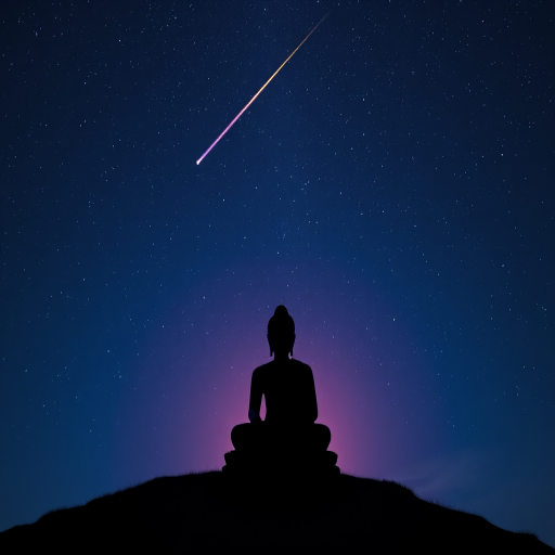 Create a serene silhouette of a Buddha statue sitting on a hill against a starry night sky with a shooting star, using a wide-angle lens at f/8, ISO 200, 20-second exposure to capture vibrant colors and fine details, in a digital art style with smooth gradients and soft edges.